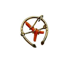 Victorian Coral Horseshoe Pin Brooch Gold Filled Handcrafted Wire Wrapped Coral